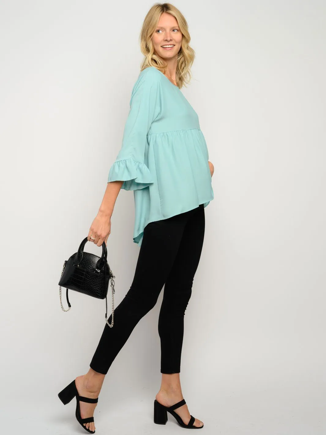 WOMEN'S 3/4 RUFFLE SLEEVE HIGH LOW TOP