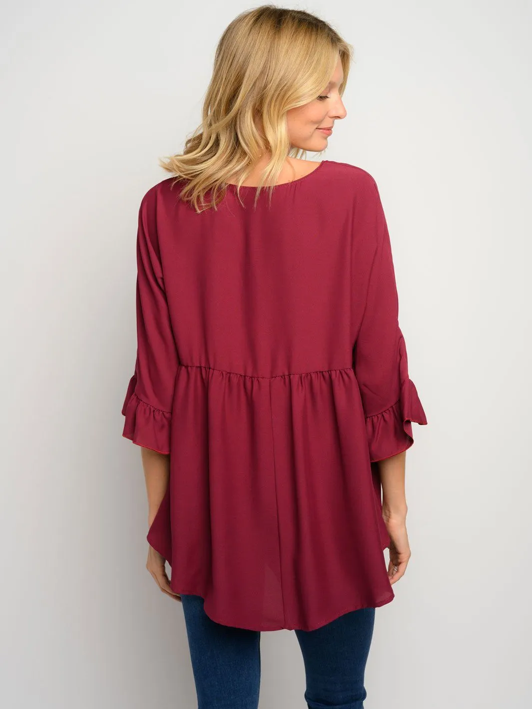 WOMEN'S 3/4 RUFFLE SLEEVE HIGH LOW TOP