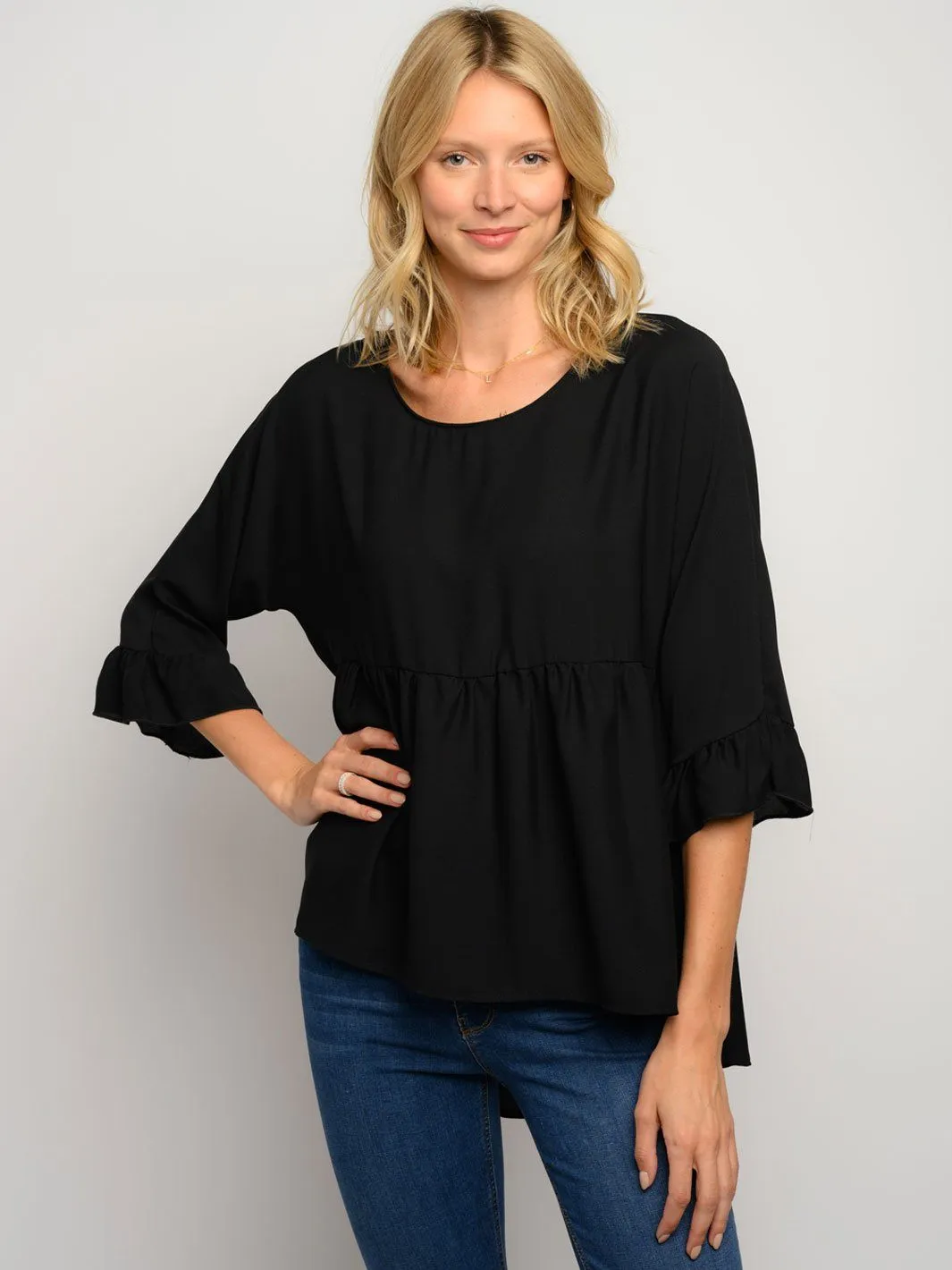 WOMEN'S 3/4 RUFFLE SLEEVE HIGH LOW TOP