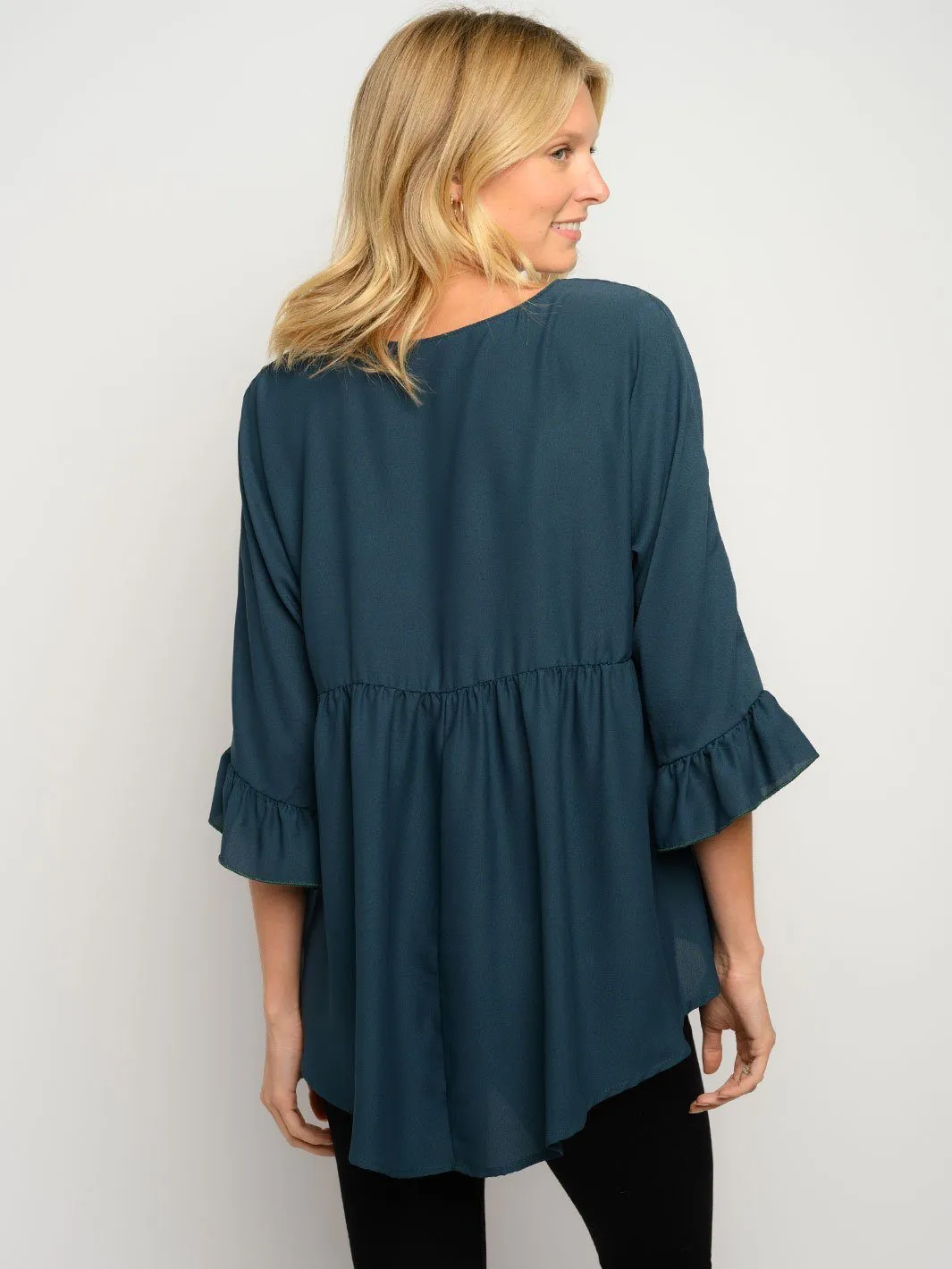 WOMEN'S 3/4 RUFFLE SLEEVE HIGH LOW TOP
