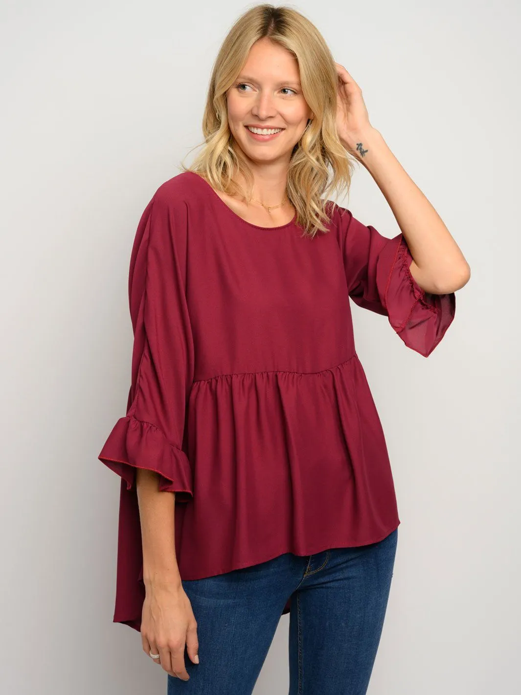 WOMEN'S 3/4 RUFFLE SLEEVE HIGH LOW TOP