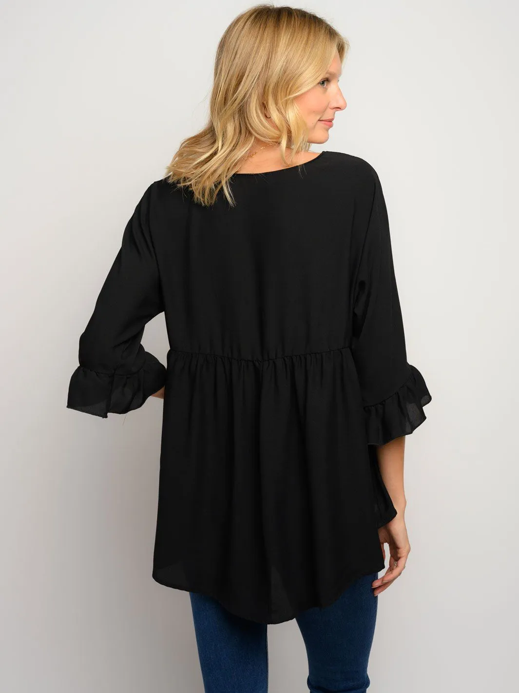 WOMEN'S 3/4 RUFFLE SLEEVE HIGH LOW TOP