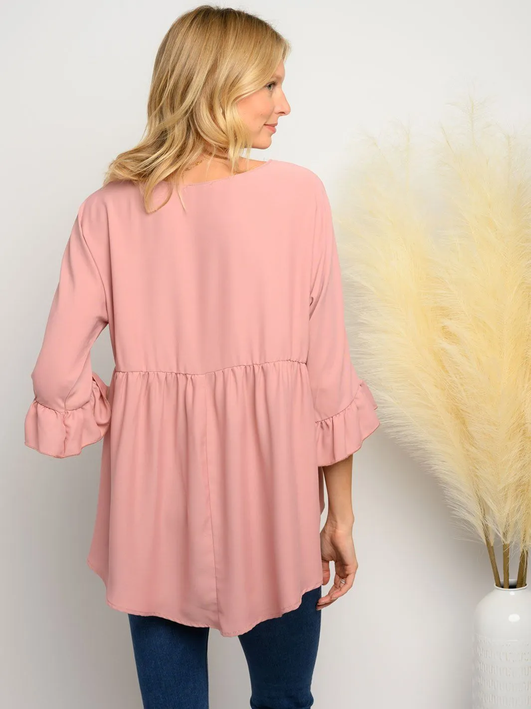 WOMEN'S 3/4 RUFFLE SLEEVE HIGH LOW TOP