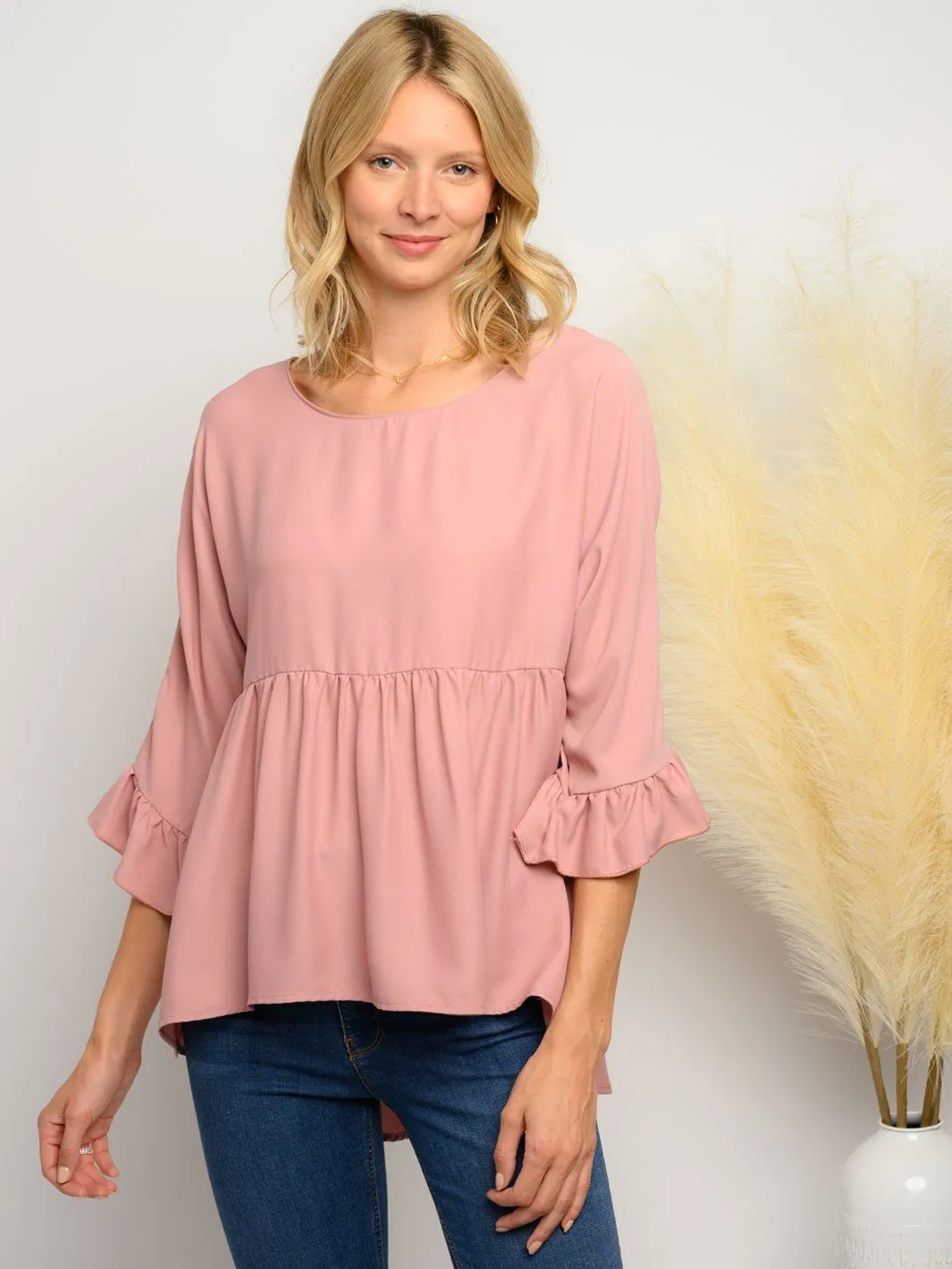 WOMEN'S 3/4 RUFFLE SLEEVE HIGH LOW TOP