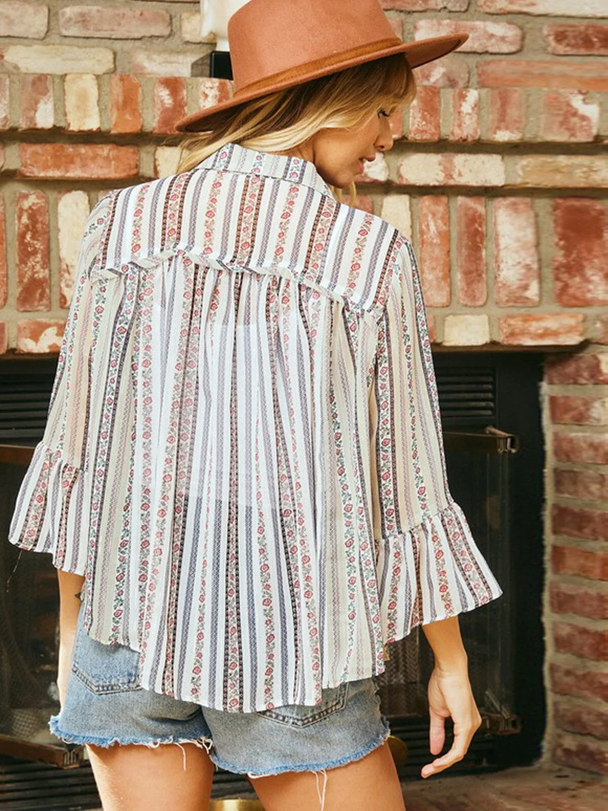 WOMEN'S 3/4 SLEEVE BUTTON UP SHIMMER MULTI TOP