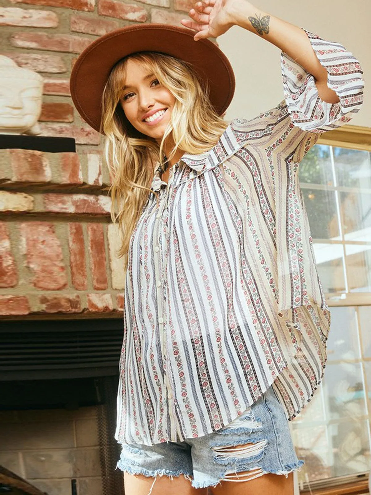 WOMEN'S 3/4 SLEEVE BUTTON UP SHIMMER MULTI TOP
