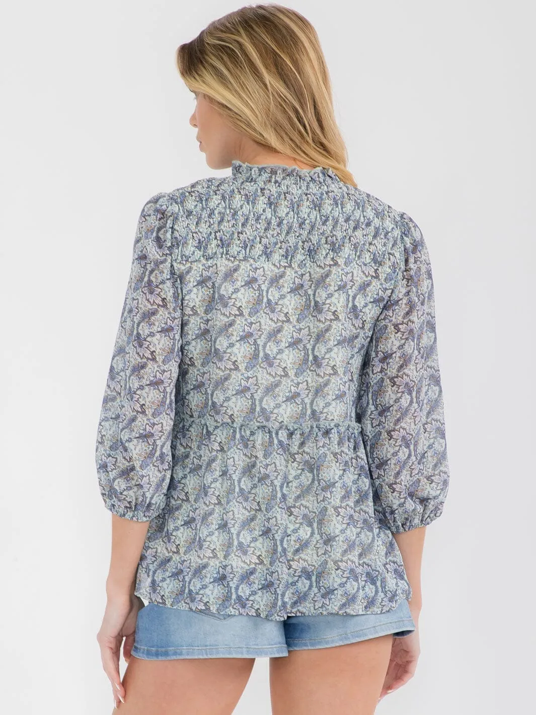 WOMEN'S 3/4 SLEEVES MOCK NECK FLORAL TUNIC TOP