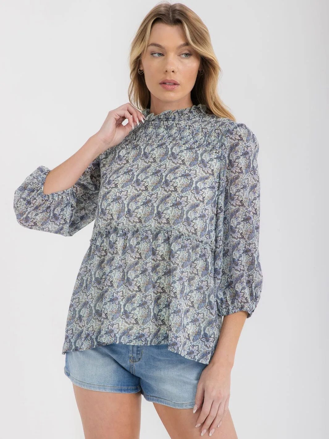 WOMEN'S 3/4 SLEEVES MOCK NECK FLORAL TUNIC TOP