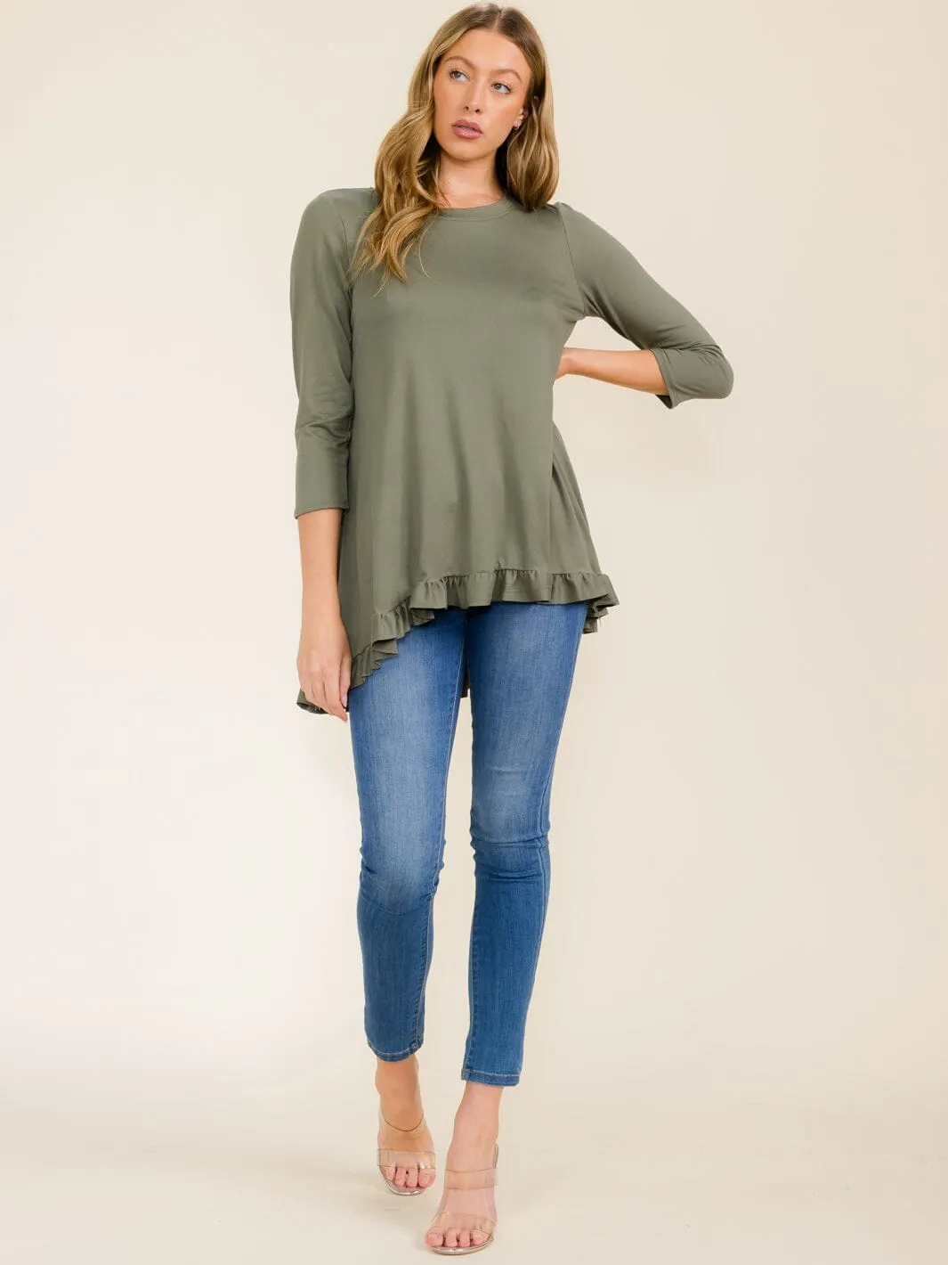 WOMEN'S 3/4 SLEEVES RUFFLE BOTTOM HEM TUNIC HIGH-LOW TOP