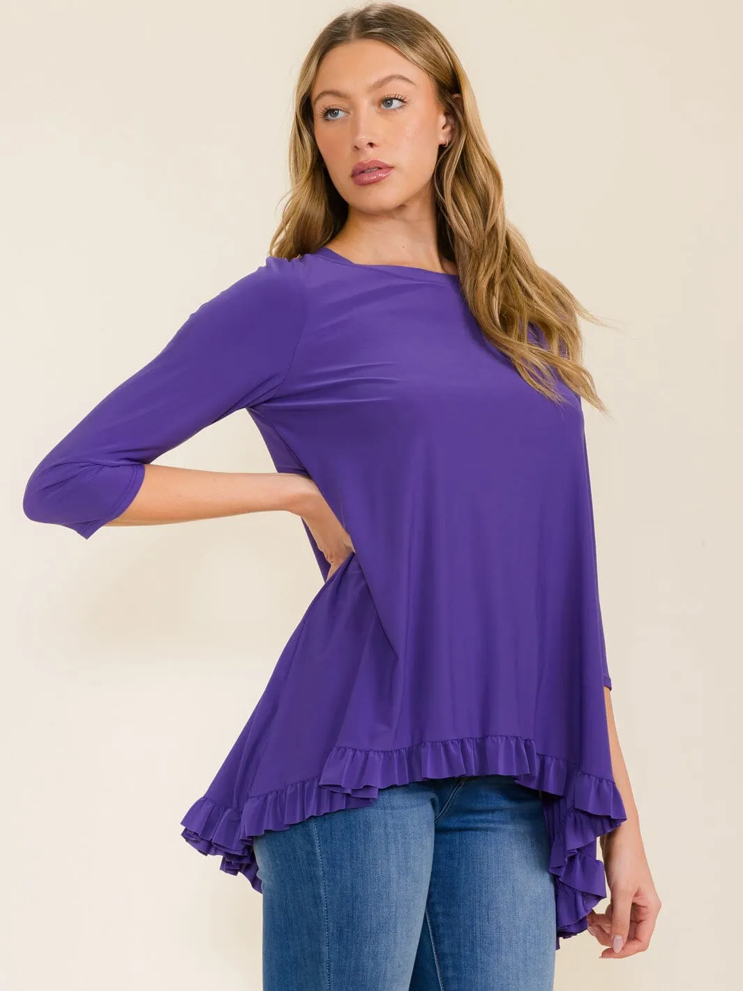 WOMEN'S 3/4 SLEEVES RUFFLE BOTTOM HEM TUNIC HIGH-LOW TOP