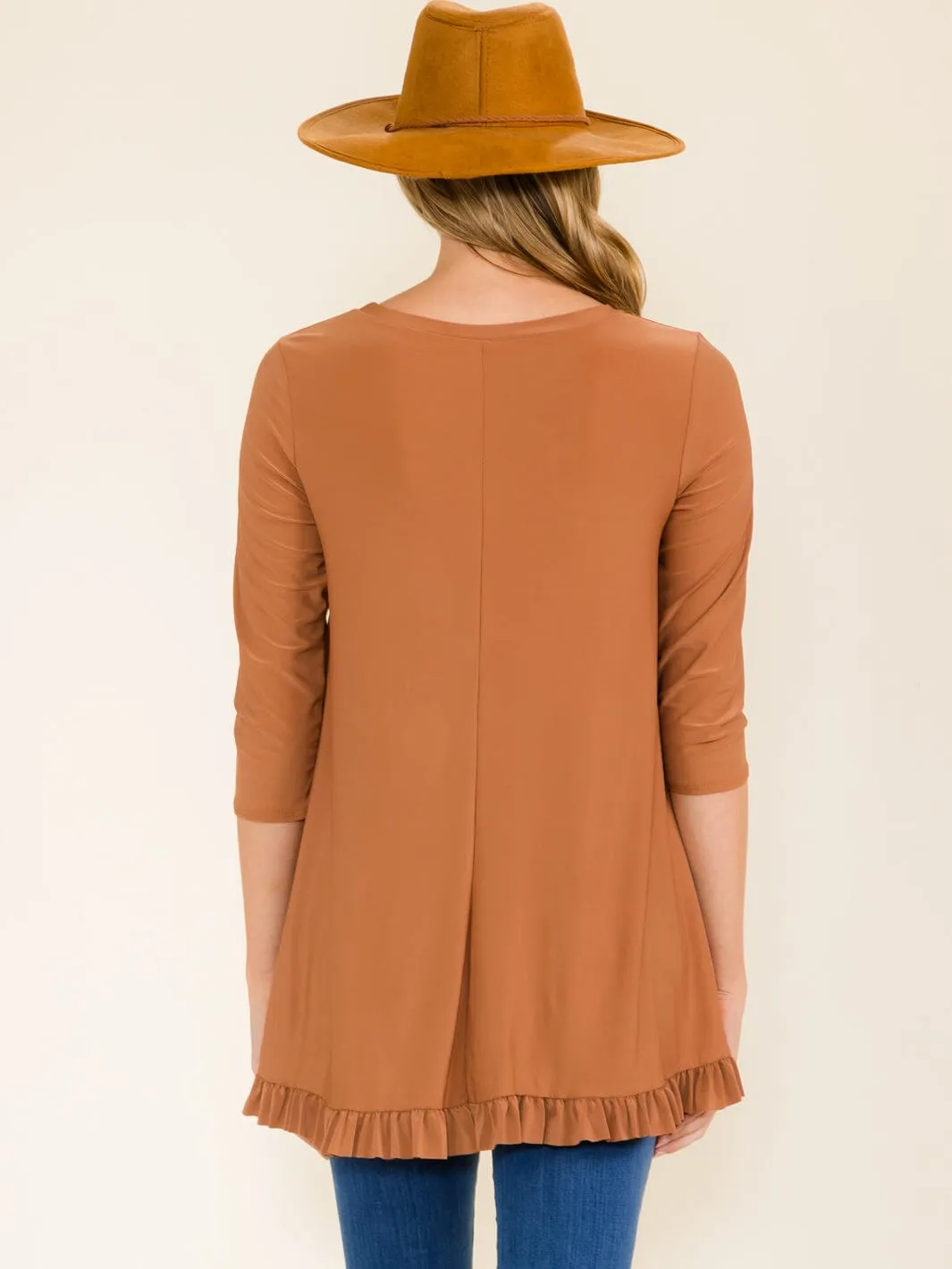 WOMEN'S 3/4 SLEEVES RUFFLE BOTTOM HEM TUNIC HIGH-LOW TOP