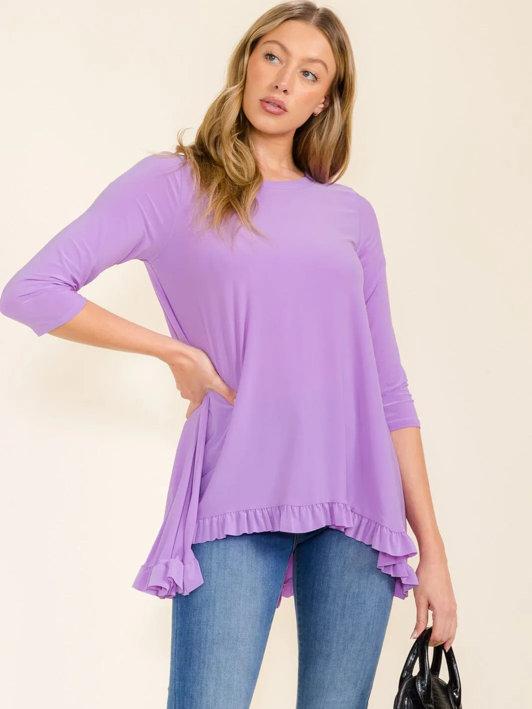 WOMEN'S 3/4 SLEEVES RUFFLE BOTTOM HEM TUNIC HIGH-LOW TOP