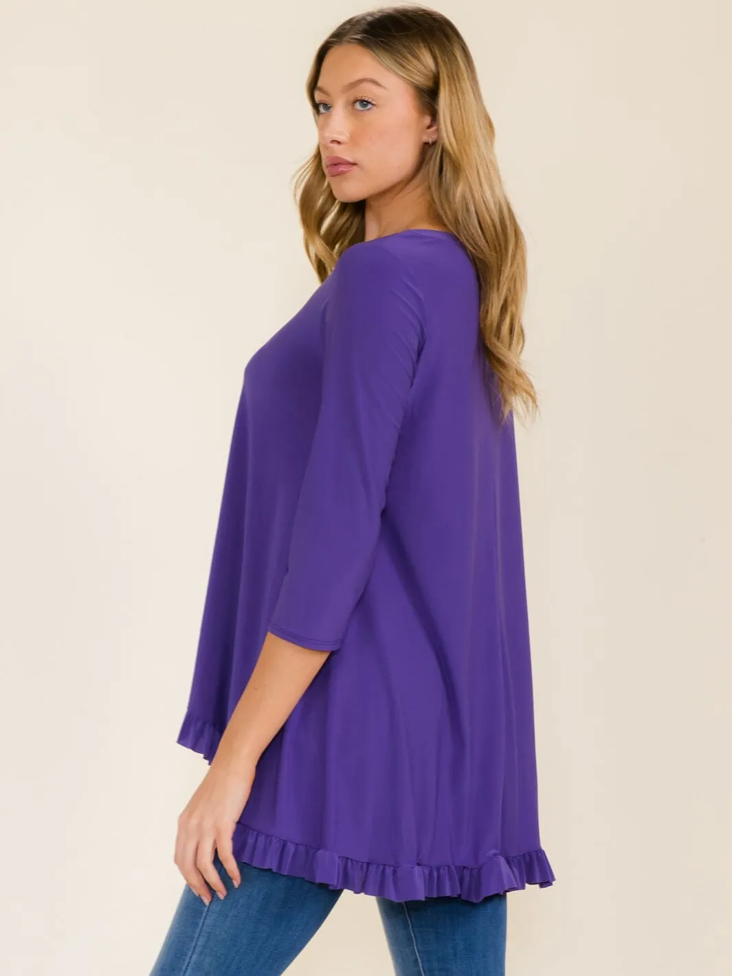 WOMEN'S 3/4 SLEEVES RUFFLE BOTTOM HEM TUNIC HIGH-LOW TOP