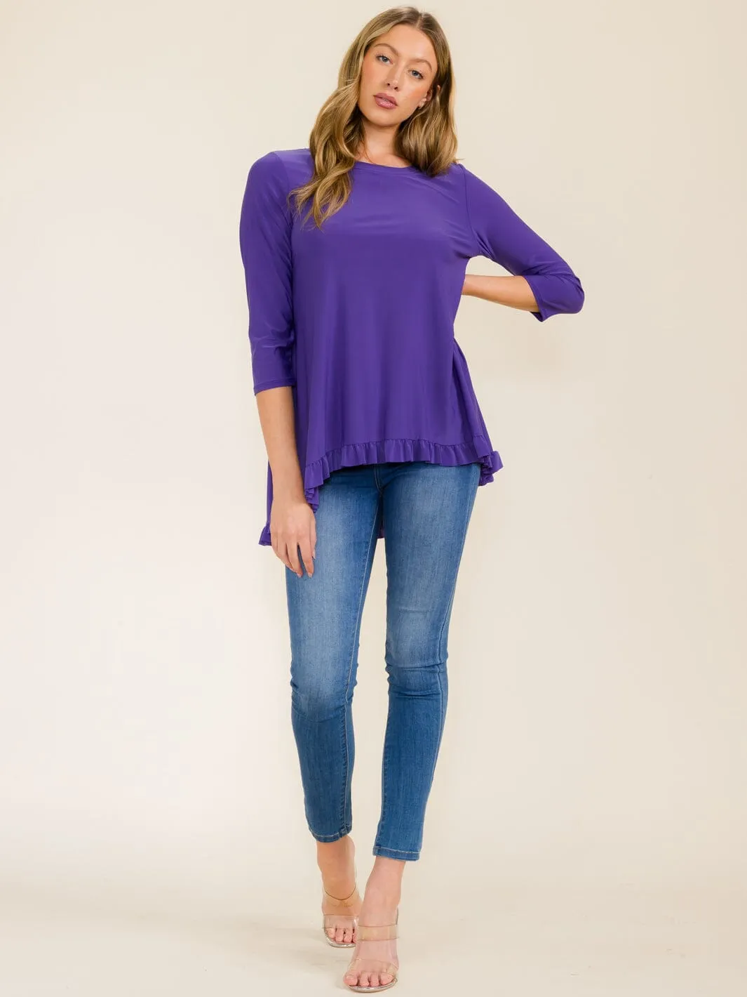WOMEN'S 3/4 SLEEVES RUFFLE BOTTOM HEM TUNIC HIGH-LOW TOP