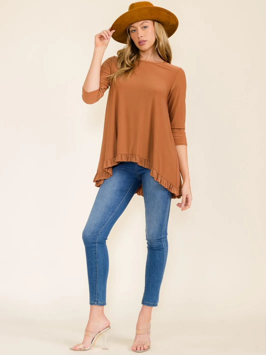 WOMEN'S 3/4 SLEEVES RUFFLE BOTTOM HEM TUNIC HIGH-LOW TOP