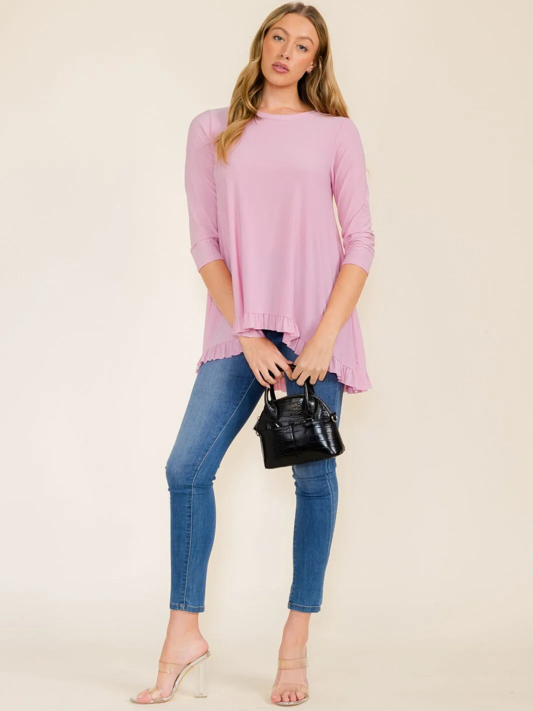WOMEN'S 3/4 SLEEVES RUFFLE BOTTOM HEM TUNIC HIGH-LOW TOP
