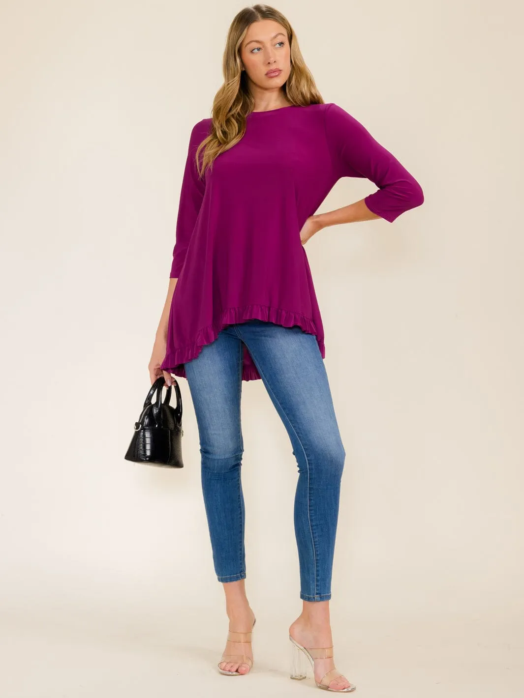 WOMEN'S 3/4 SLEEVES RUFFLE BOTTOM HEM TUNIC HIGH-LOW TOP