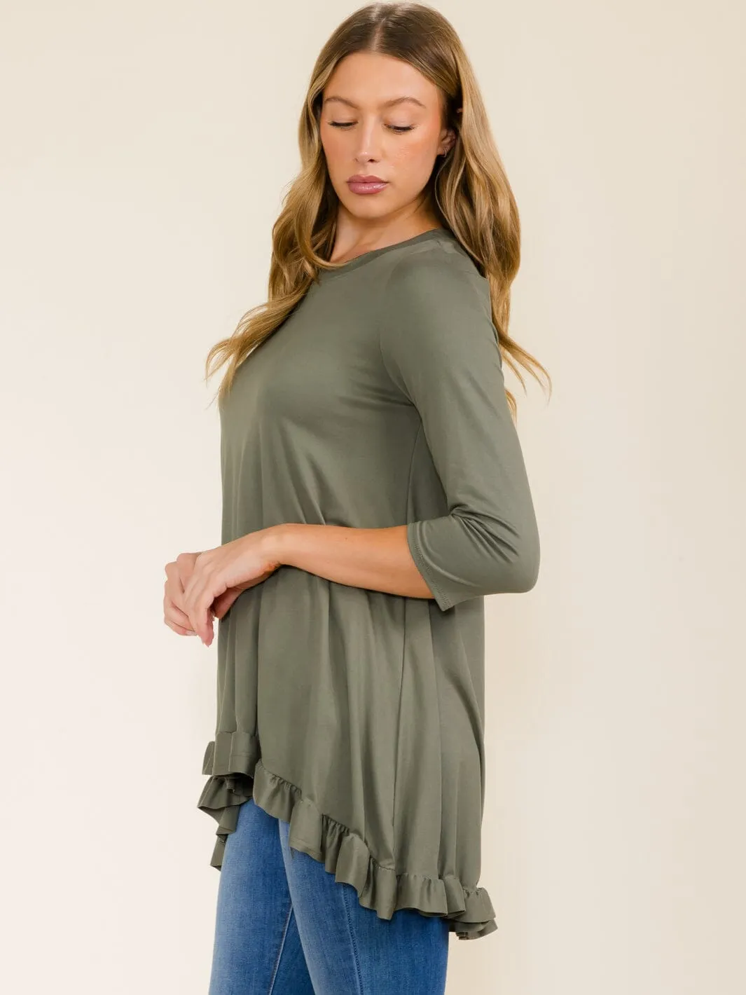 WOMEN'S 3/4 SLEEVES RUFFLE BOTTOM HEM TUNIC HIGH-LOW TOP
