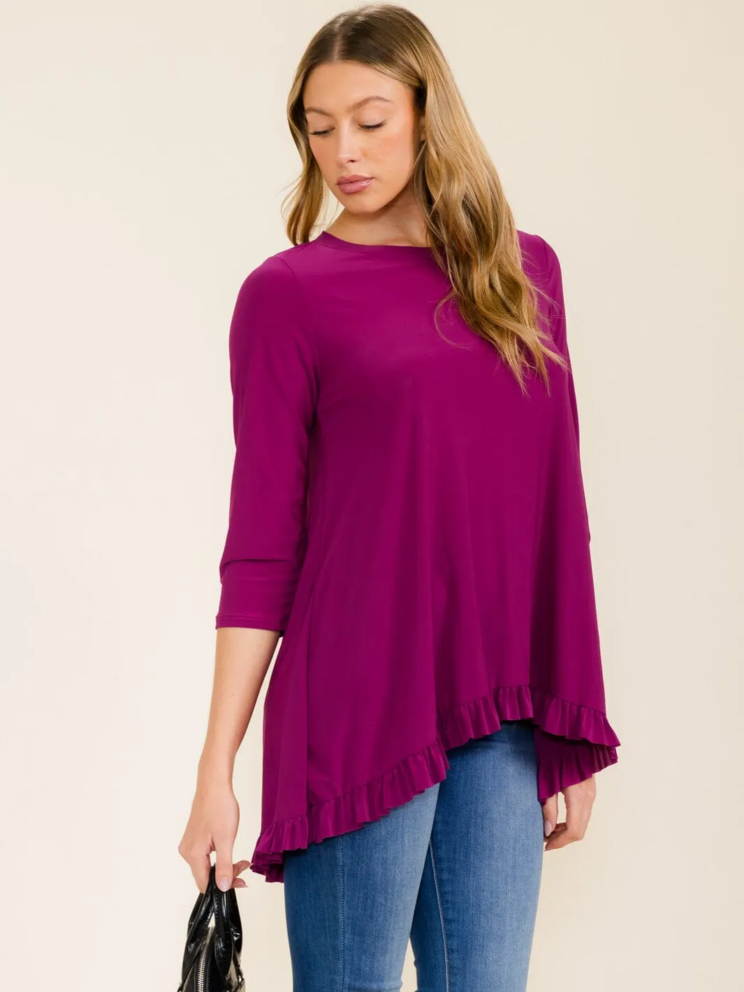 WOMEN'S 3/4 SLEEVES RUFFLE BOTTOM HEM TUNIC HIGH-LOW TOP