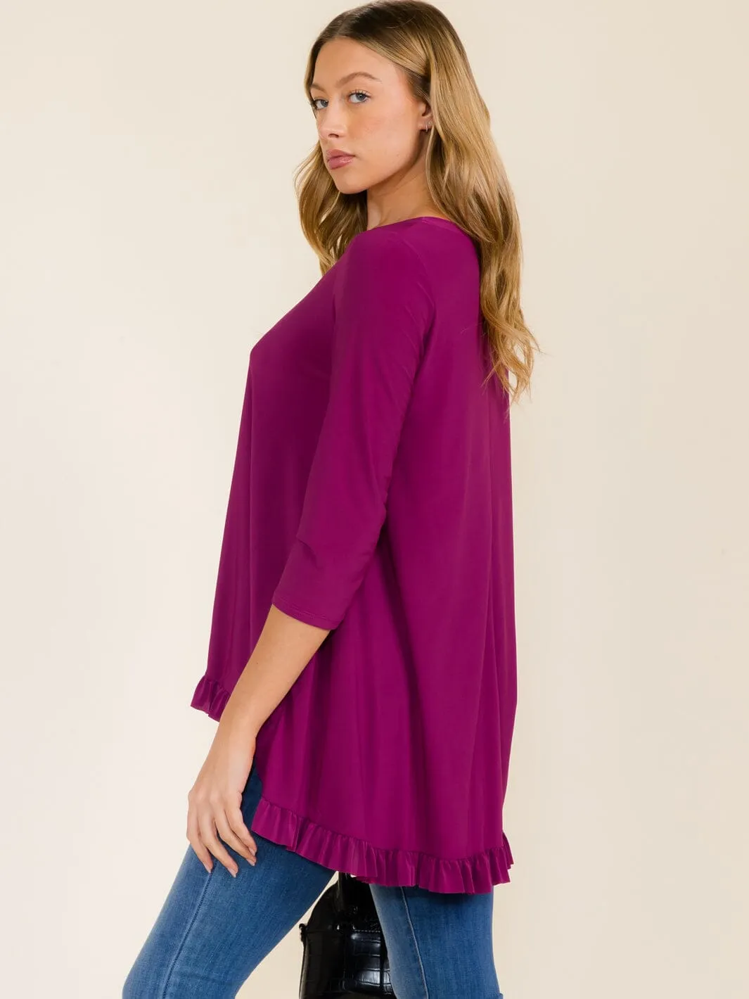 WOMEN'S 3/4 SLEEVES RUFFLE BOTTOM HEM TUNIC HIGH-LOW TOP