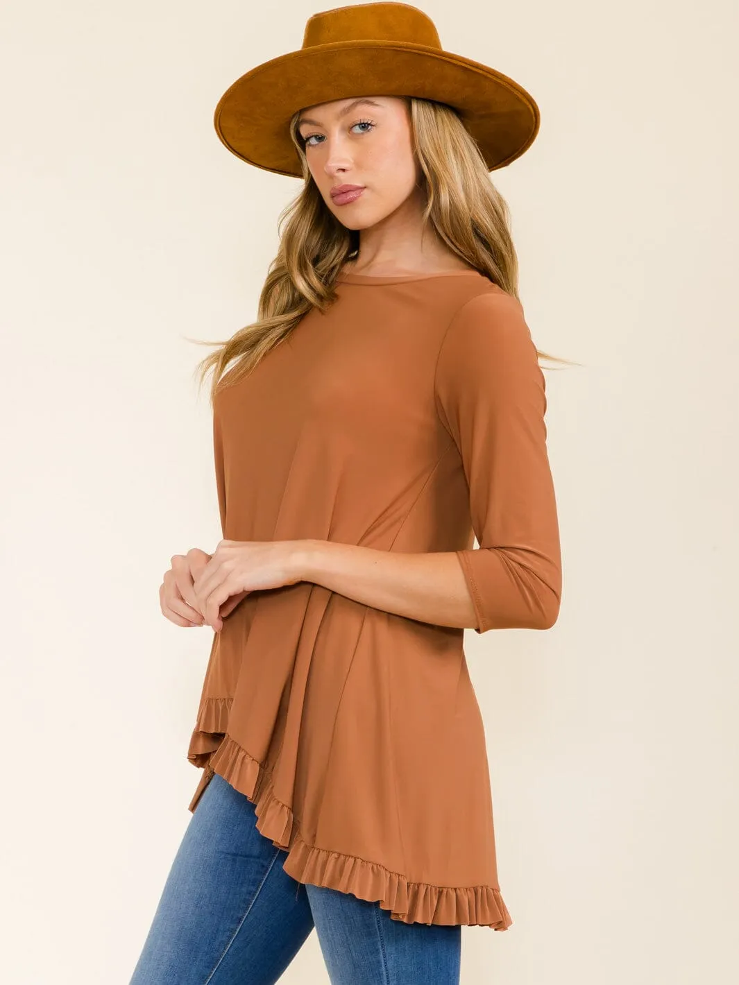 WOMEN'S 3/4 SLEEVES RUFFLE BOTTOM HEM TUNIC HIGH-LOW TOP
