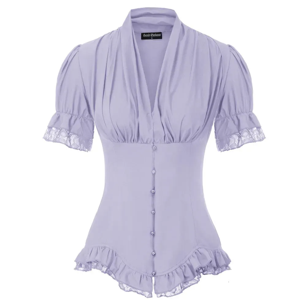 Women's Blouses Shirts Summer Shirts Women Victorian Slim Pleat Tops Gothic Renaissance Short Puff Sleeve V-Neck Lace-up Ruffle Retro Blouse Lady A20 230530