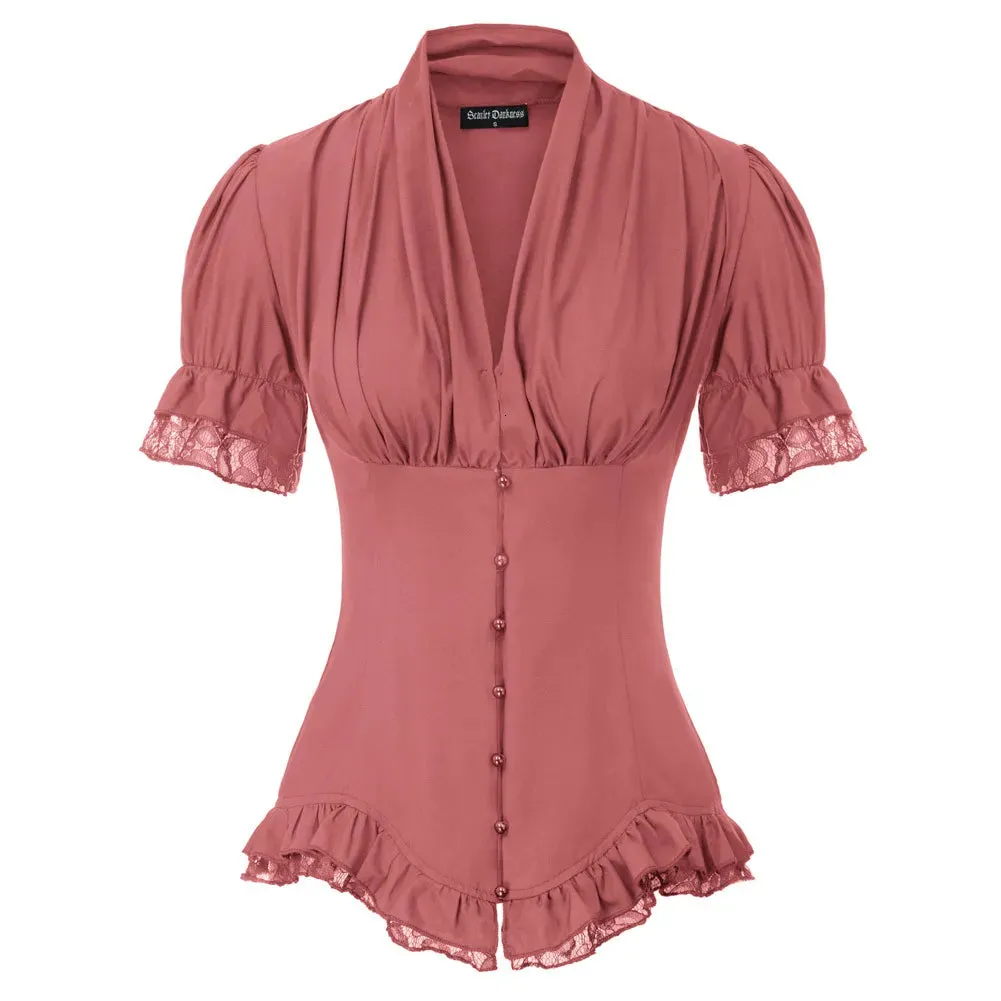 Women's Blouses Shirts Summer Shirts Women Victorian Slim Pleat Tops Gothic Renaissance Short Puff Sleeve V-Neck Lace-up Ruffle Retro Blouse Lady A20 230530