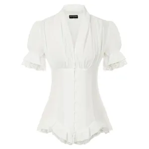 Women's Blouses Shirts Summer Shirts Women Victorian Slim Pleat Tops Gothic Renaissance Short Puff Sleeve V-Neck Lace-up Ruffle Retro Blouse Lady A20 230530