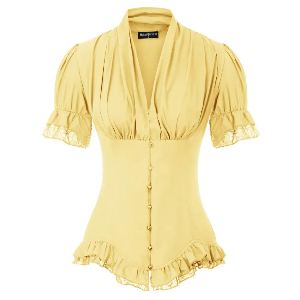 Women's Blouses Shirts Summer Shirts Women Victorian Slim Pleat Tops Gothic Renaissance Short Puff Sleeve V-Neck Lace-up Ruffle Retro Blouse Lady A20 230530