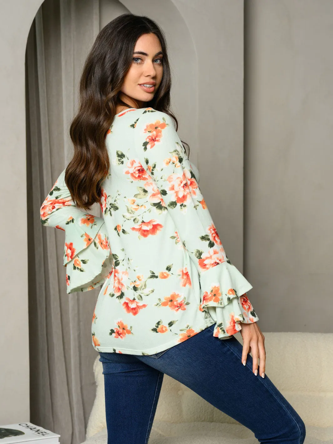 WOMEN'S LONG BELL SLEEVE RUFFLE FLORAL TUNIC TOP