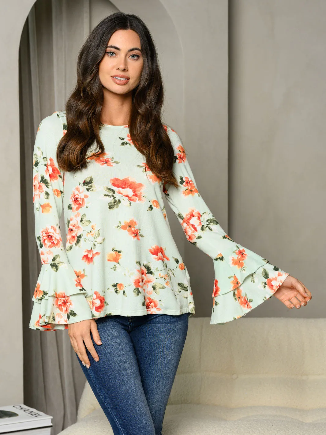 WOMEN'S LONG BELL SLEEVE RUFFLE FLORAL TUNIC TOP