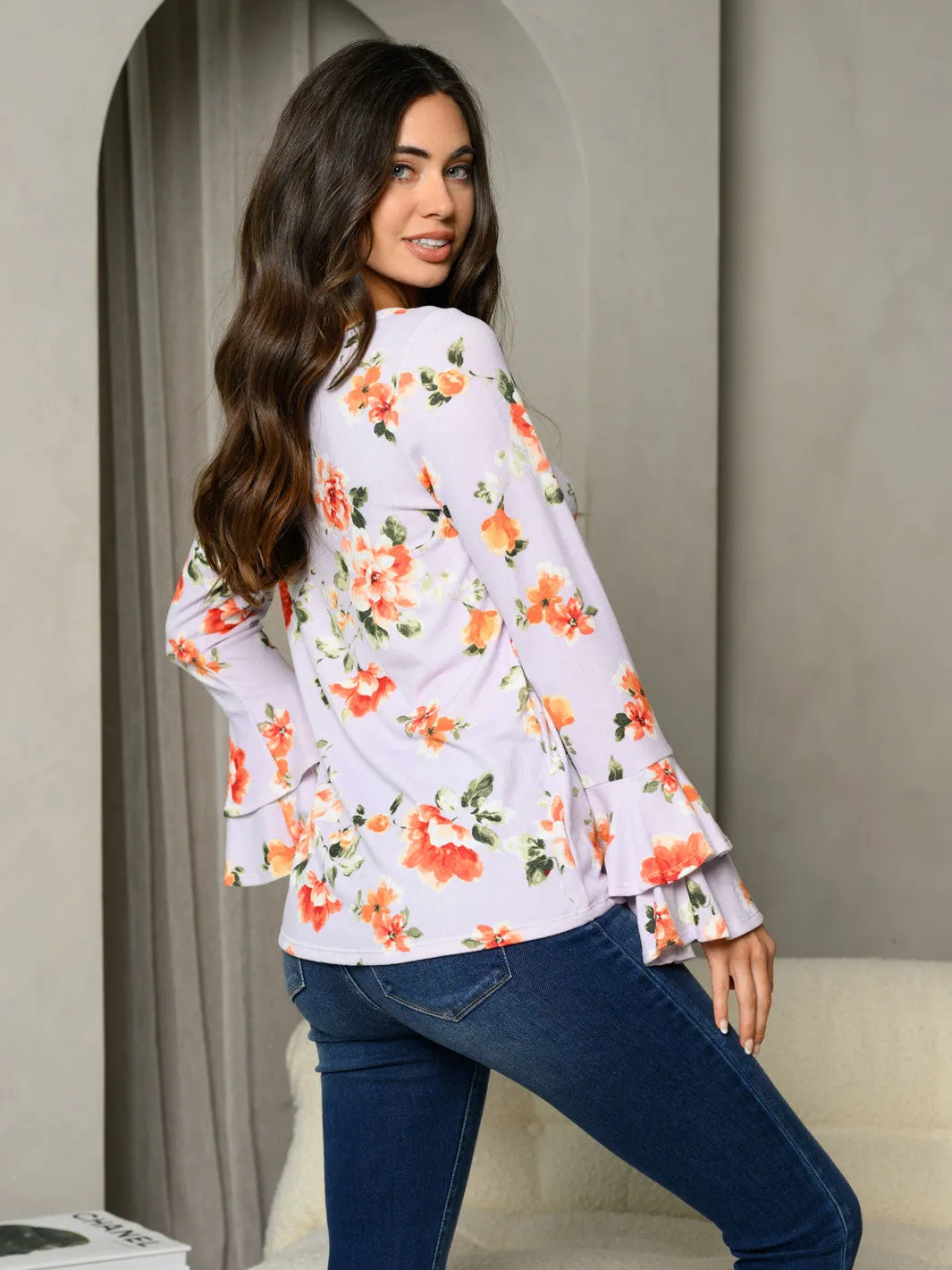 WOMEN'S LONG BELL SLEEVE RUFFLE FLORAL TUNIC TOP