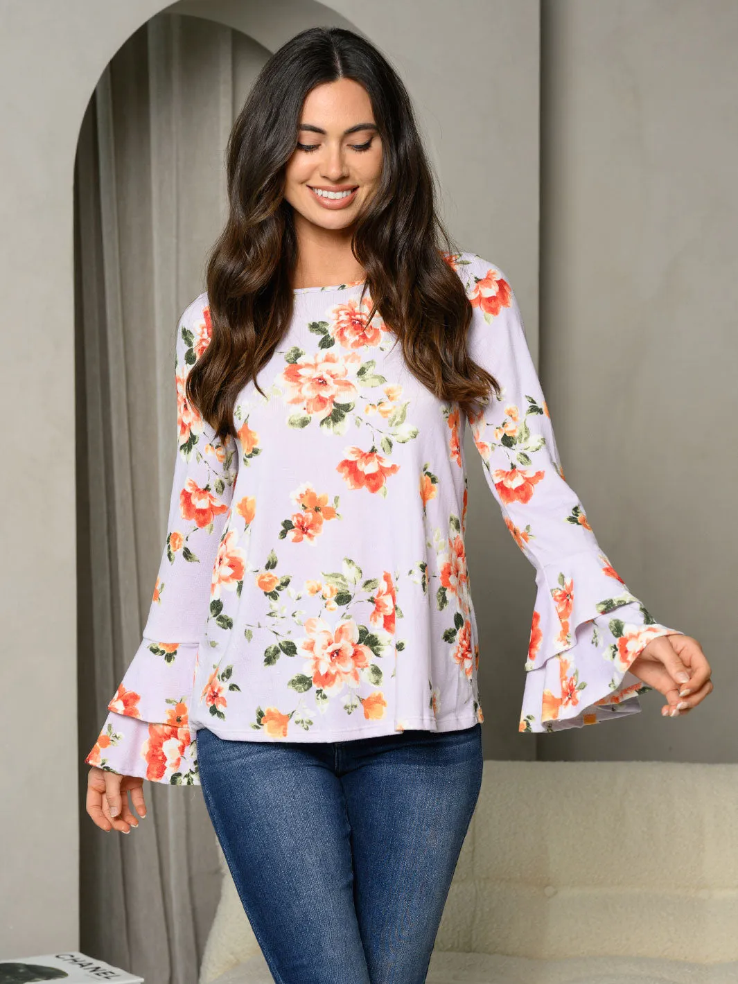 WOMEN'S LONG BELL SLEEVE RUFFLE FLORAL TUNIC TOP
