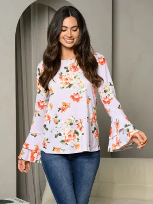 WOMEN'S LONG BELL SLEEVE RUFFLE FLORAL TUNIC TOP