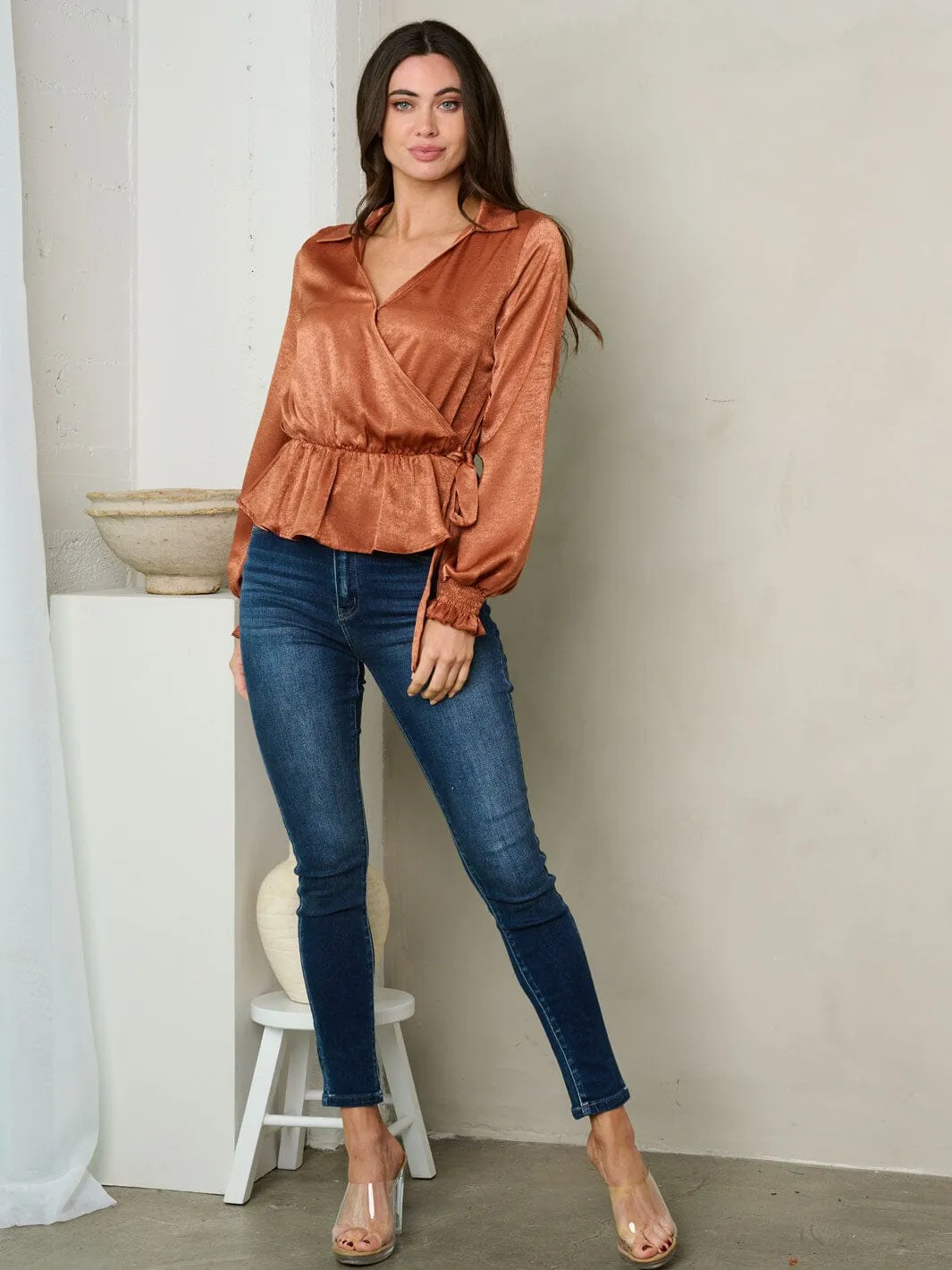 WOMEN'S LONG PUFF SLEEVE V-NECK SURPLICE TOP
