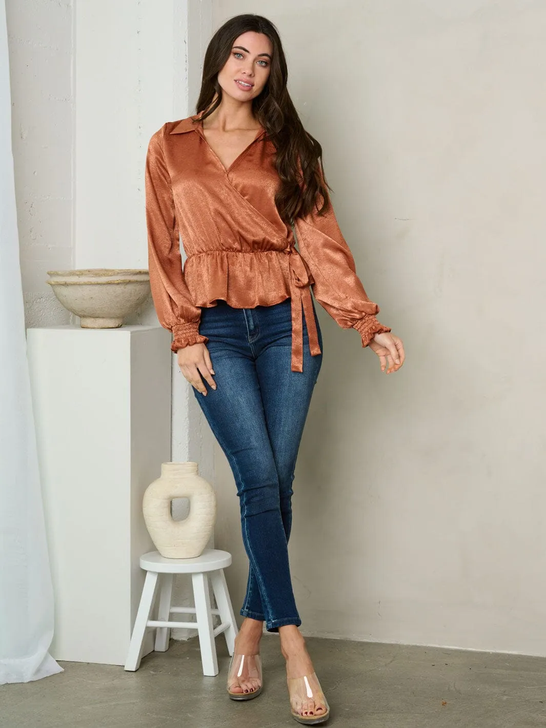 WOMEN'S LONG PUFF SLEEVE V-NECK SURPLICE TOP