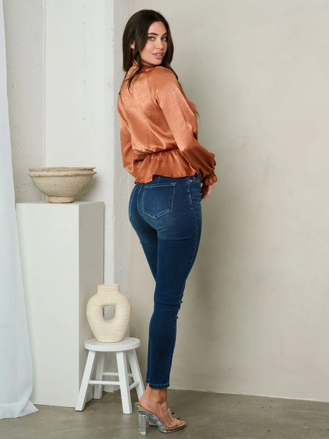 WOMEN'S LONG PUFF SLEEVE V-NECK SURPLICE TOP
