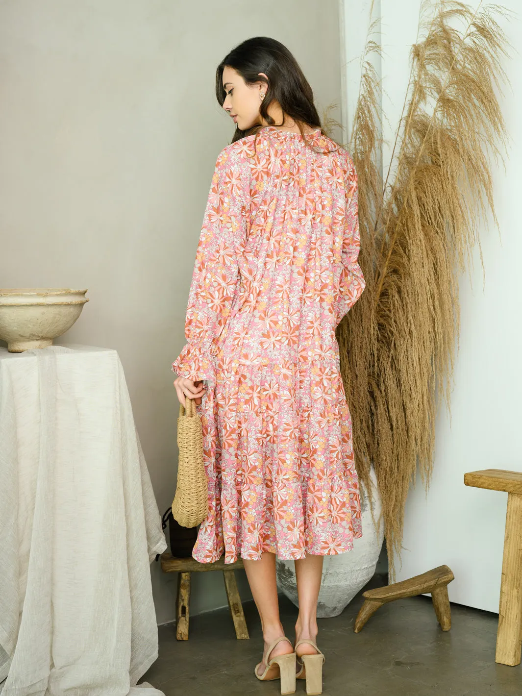 WOMEN'S LONG SLEEVE FLORAL TIERED MIDI DRESS
