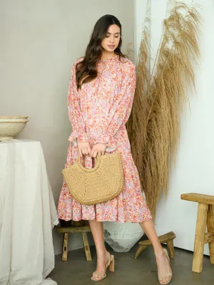 WOMEN'S LONG SLEEVE FLORAL TIERED MIDI DRESS