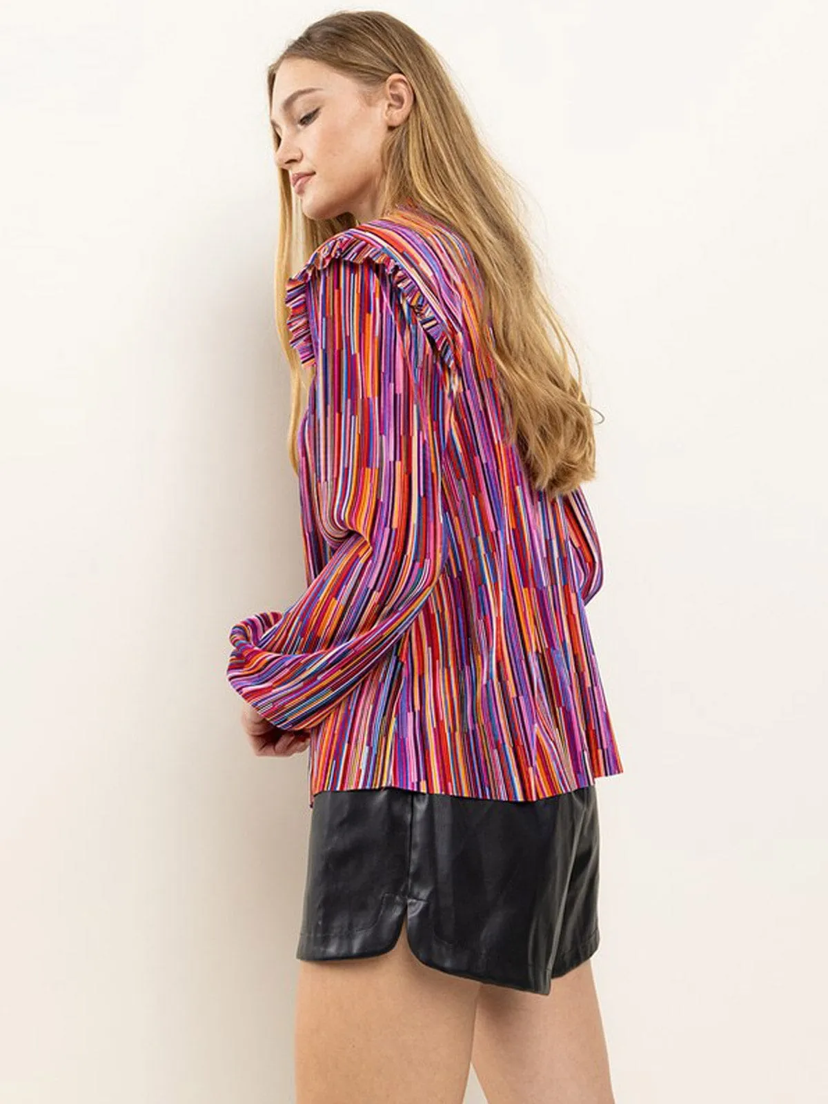 WOMEN'S LONG SLEEVE MOCK NECK RUFFLE BLOUSE MULTI BLOUSE TOP