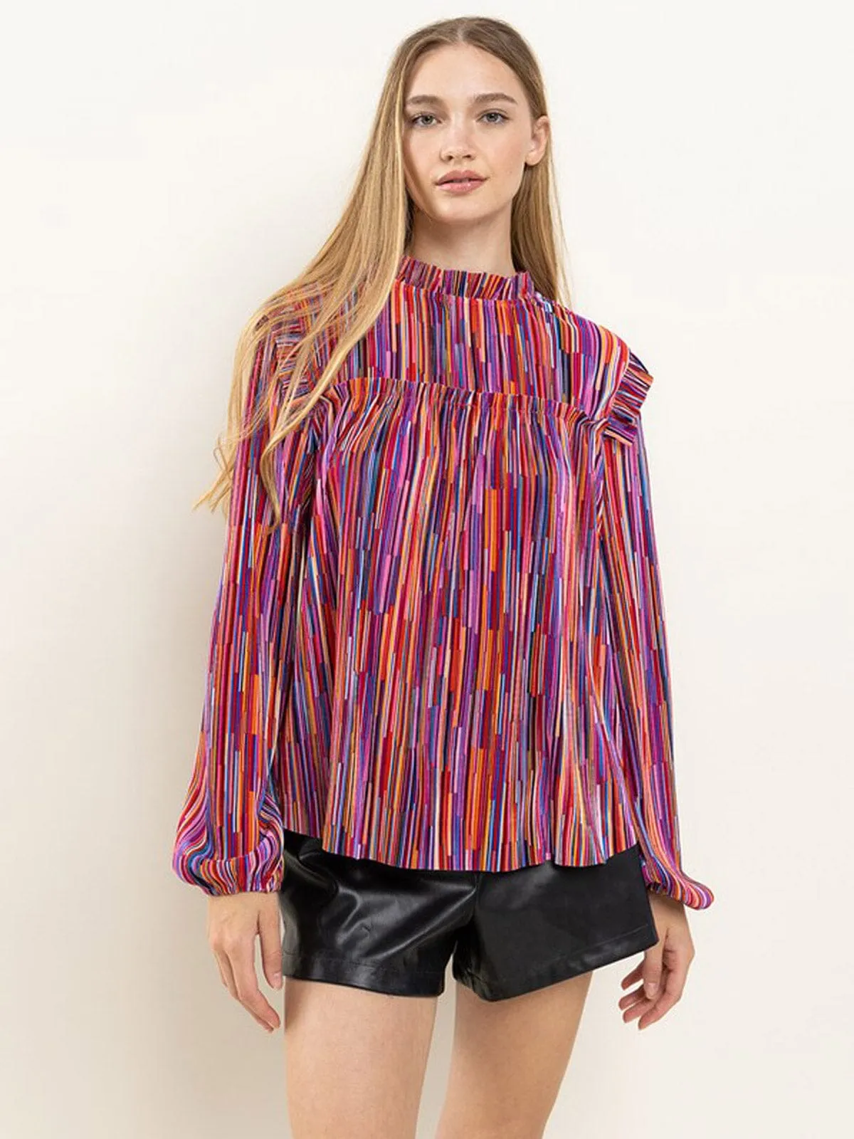 WOMEN'S LONG SLEEVE MOCK NECK RUFFLE BLOUSE MULTI BLOUSE TOP