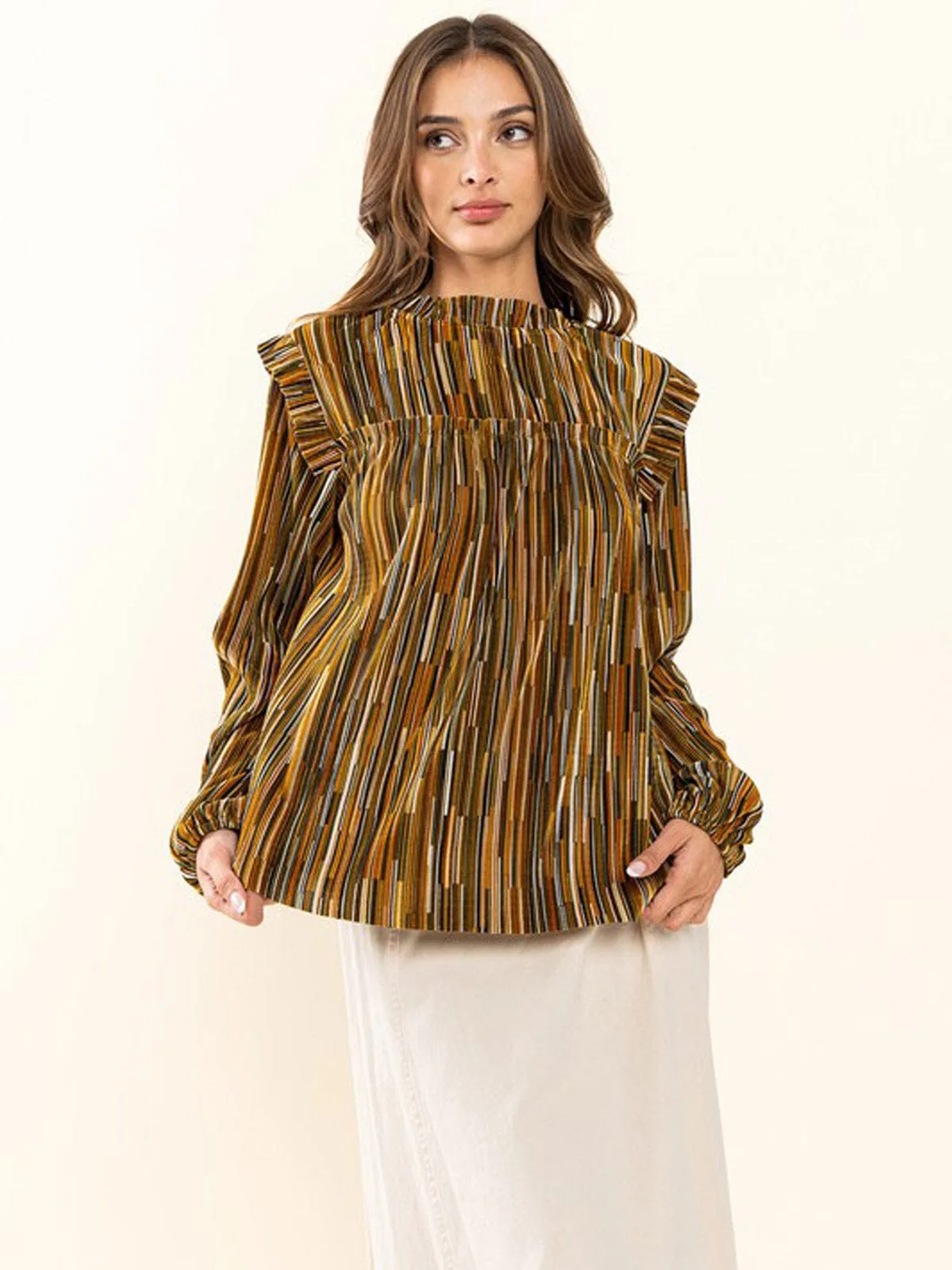 WOMEN'S LONG SLEEVE MOCK NECK RUFFLE BLOUSE MULTI BLOUSE TOP