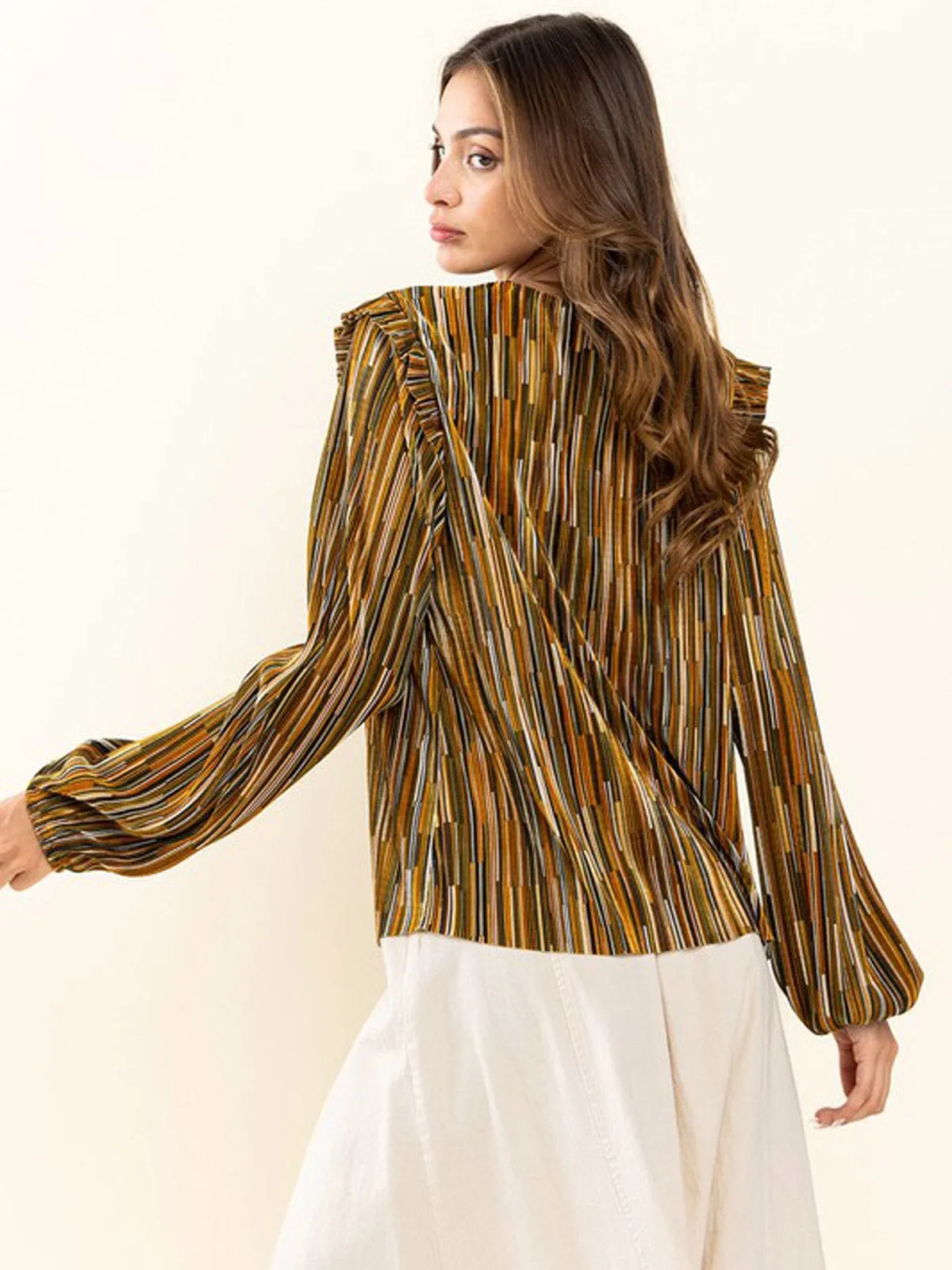 WOMEN'S LONG SLEEVE MOCK NECK RUFFLE BLOUSE MULTI BLOUSE TOP
