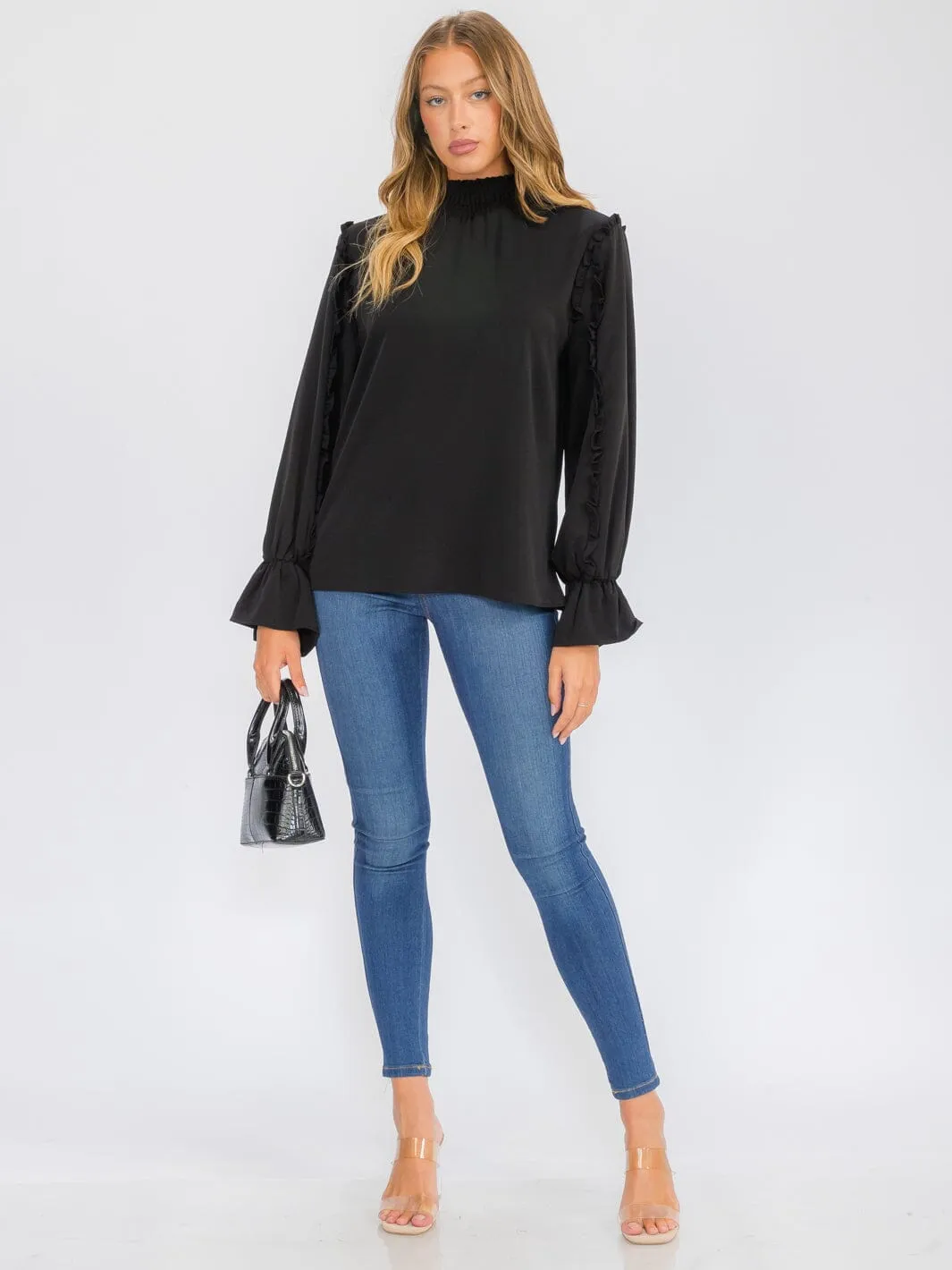 WOMEN'S LONG SLEEVE MOCK NECK RUFFLE BLOUSE TOP