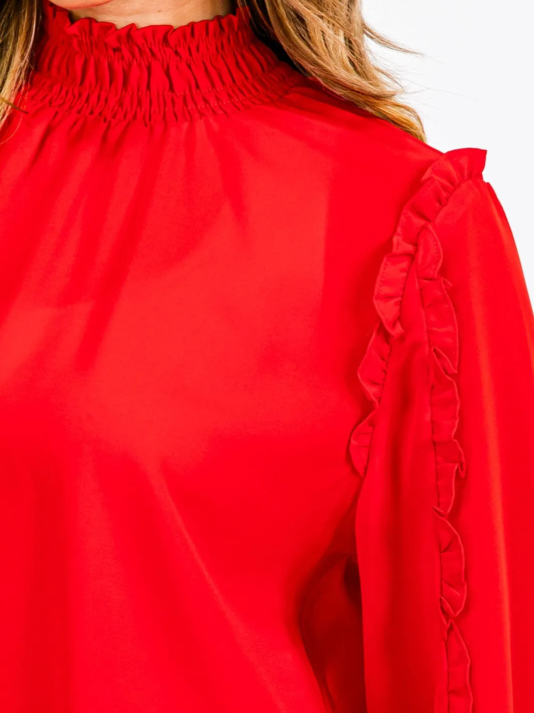 WOMEN'S LONG SLEEVE MOCK NECK RUFFLE BLOUSE TOP