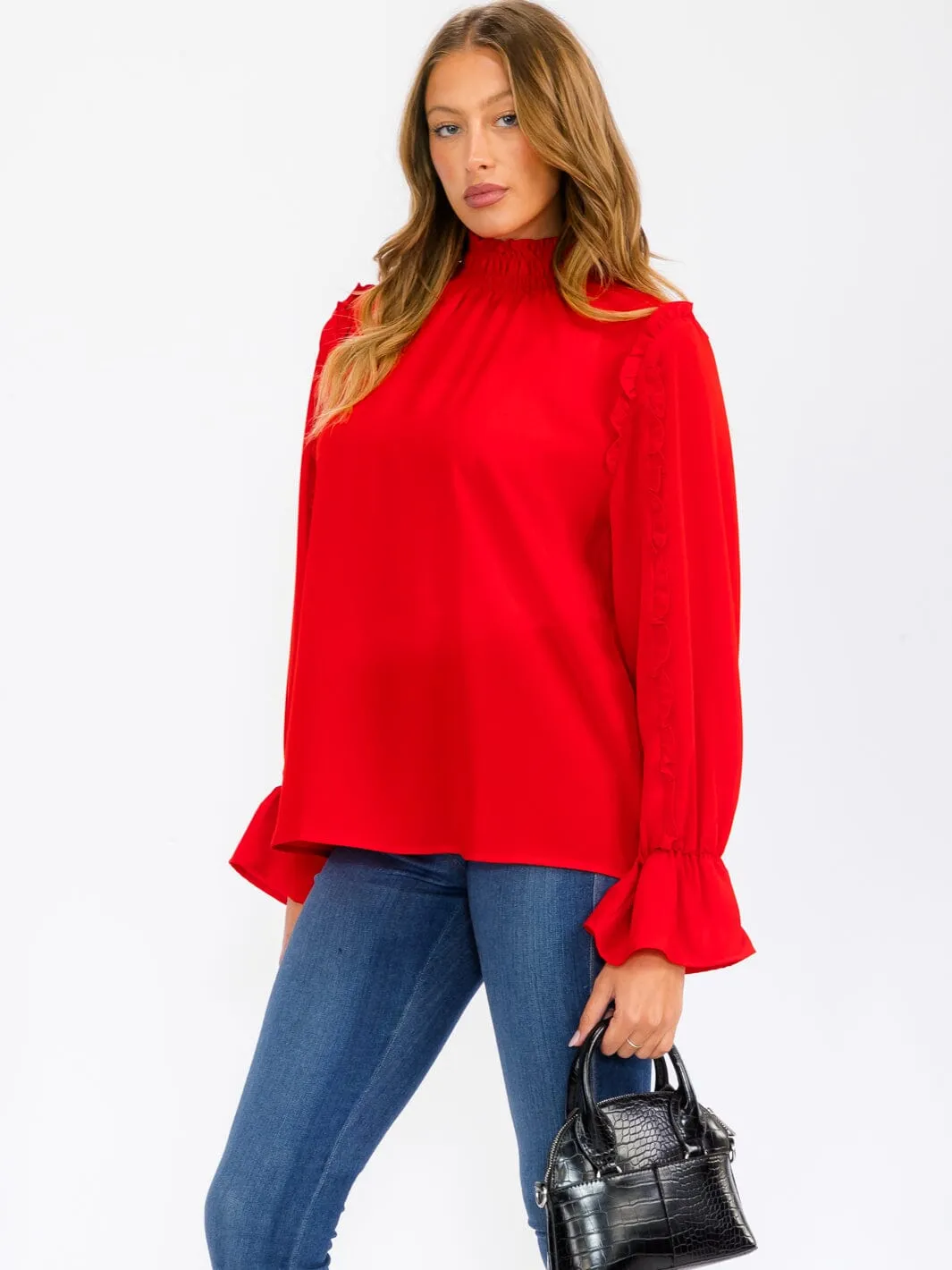 WOMEN'S LONG SLEEVE MOCK NECK RUFFLE BLOUSE TOP