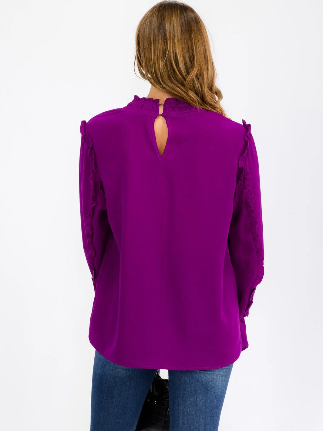 WOMEN'S LONG SLEEVE MOCK NECK RUFFLE BLOUSE TOP
