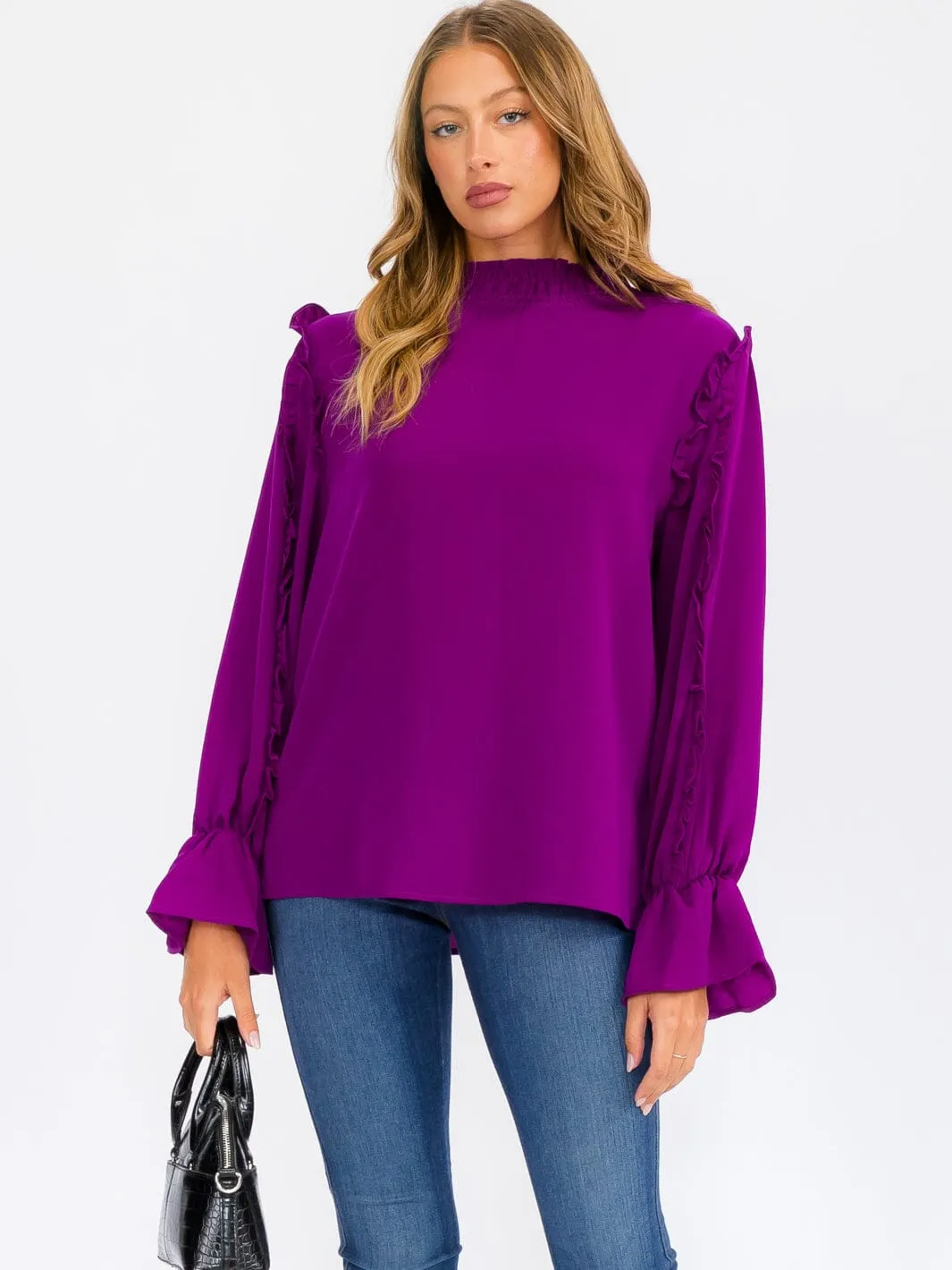 WOMEN'S LONG SLEEVE MOCK NECK RUFFLE BLOUSE TOP