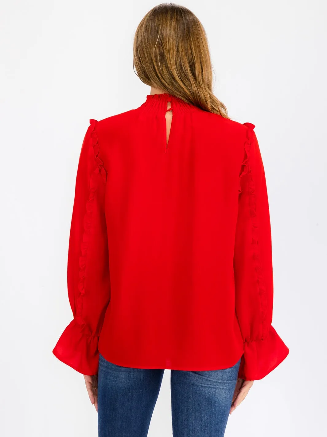 WOMEN'S LONG SLEEVE MOCK NECK RUFFLE BLOUSE TOP