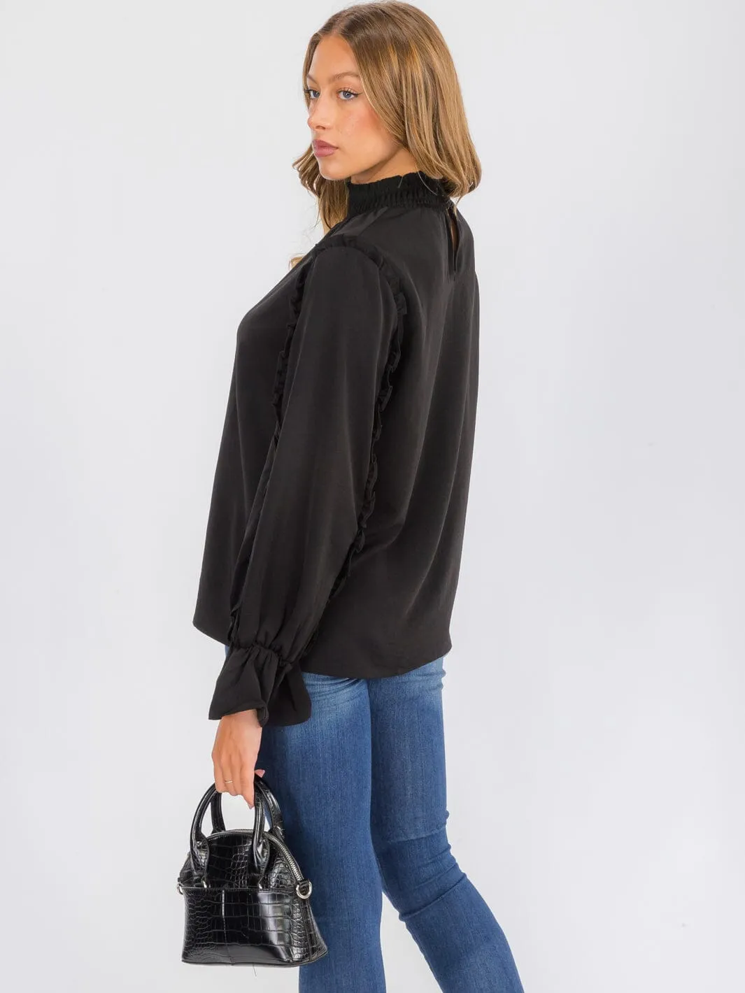 WOMEN'S LONG SLEEVE MOCK NECK RUFFLE BLOUSE TOP